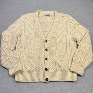 Athena Designs Cardigan Sweater Men's XL Beige Wool Cable-Knit Irish Heavyweight